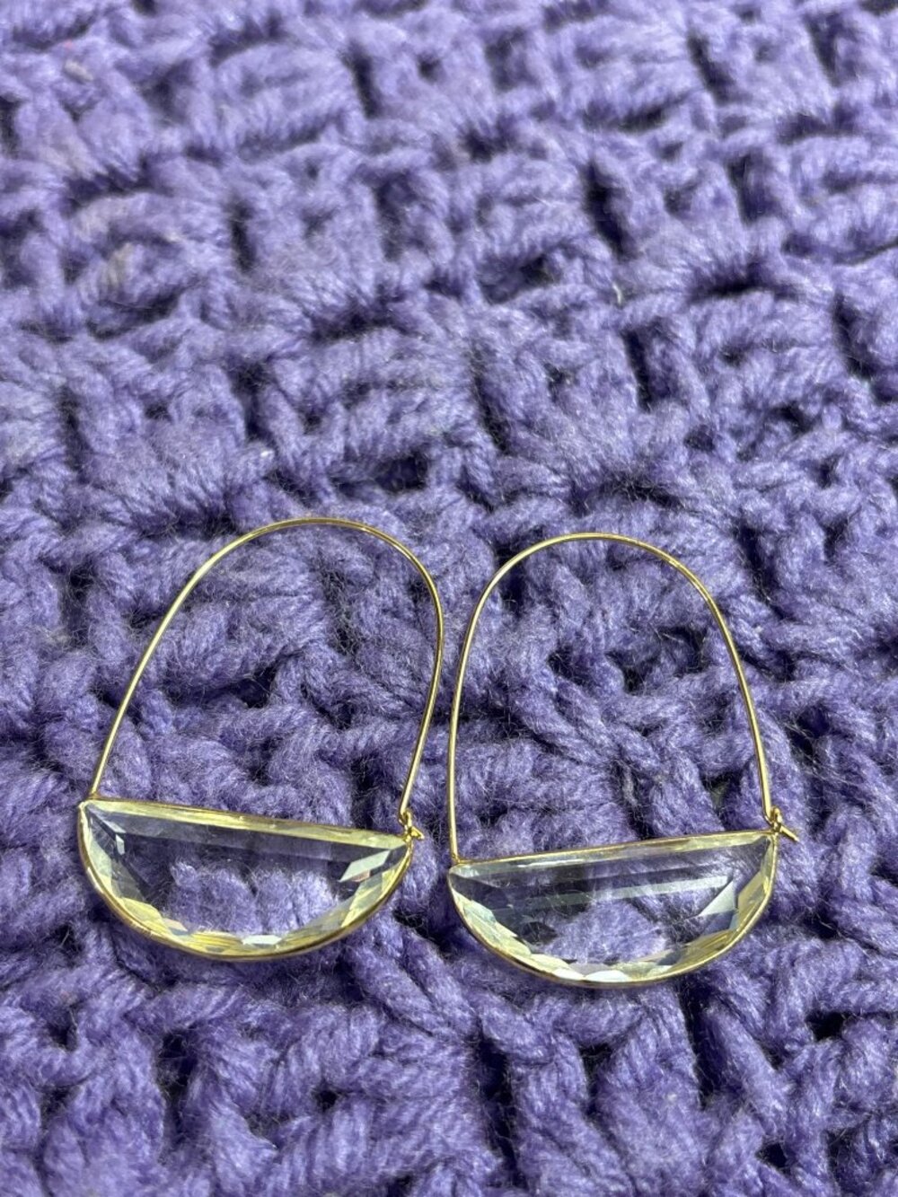 Goldtone Oval Hoop Dangle Earrings Clear Faceted Glass 1.75 inches